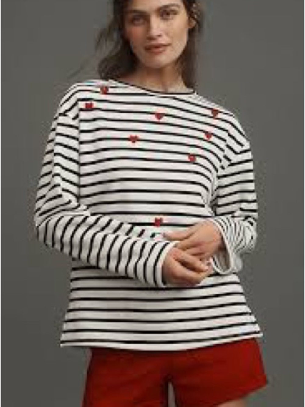 English Factory/Anthropologie long-sleeve striped top red embroidered hearts L